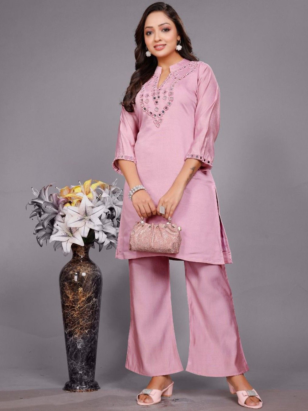AUTUMN LANE Divya Candy Mirror Work Embellished Mandarin Collar Tunic With Trouser