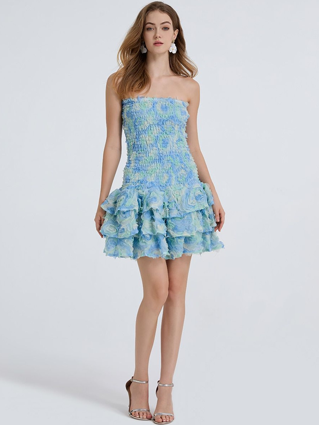 JC Collection Women Floral Printed Layered Ruffles Strapless Fit & Flare Mini Dress