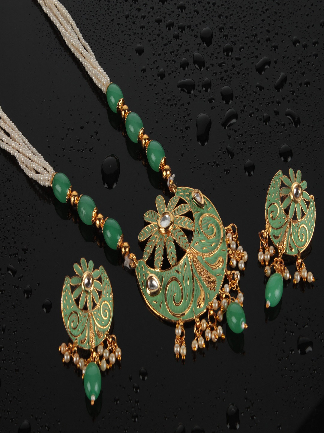 Kord Store Green Gold Plated Chand Shape Lariyat Haram Necklace & Earrings Set