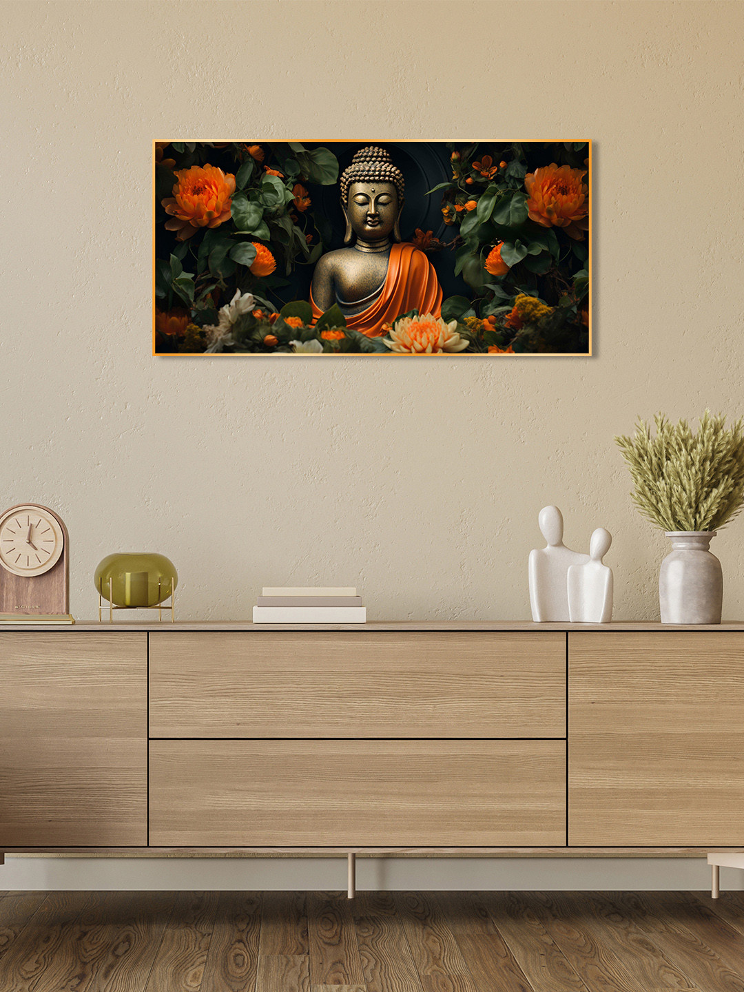 THE NEXT DECOR Green Luminous Buddha With Flower Glass Finish Horizontal Wall Art