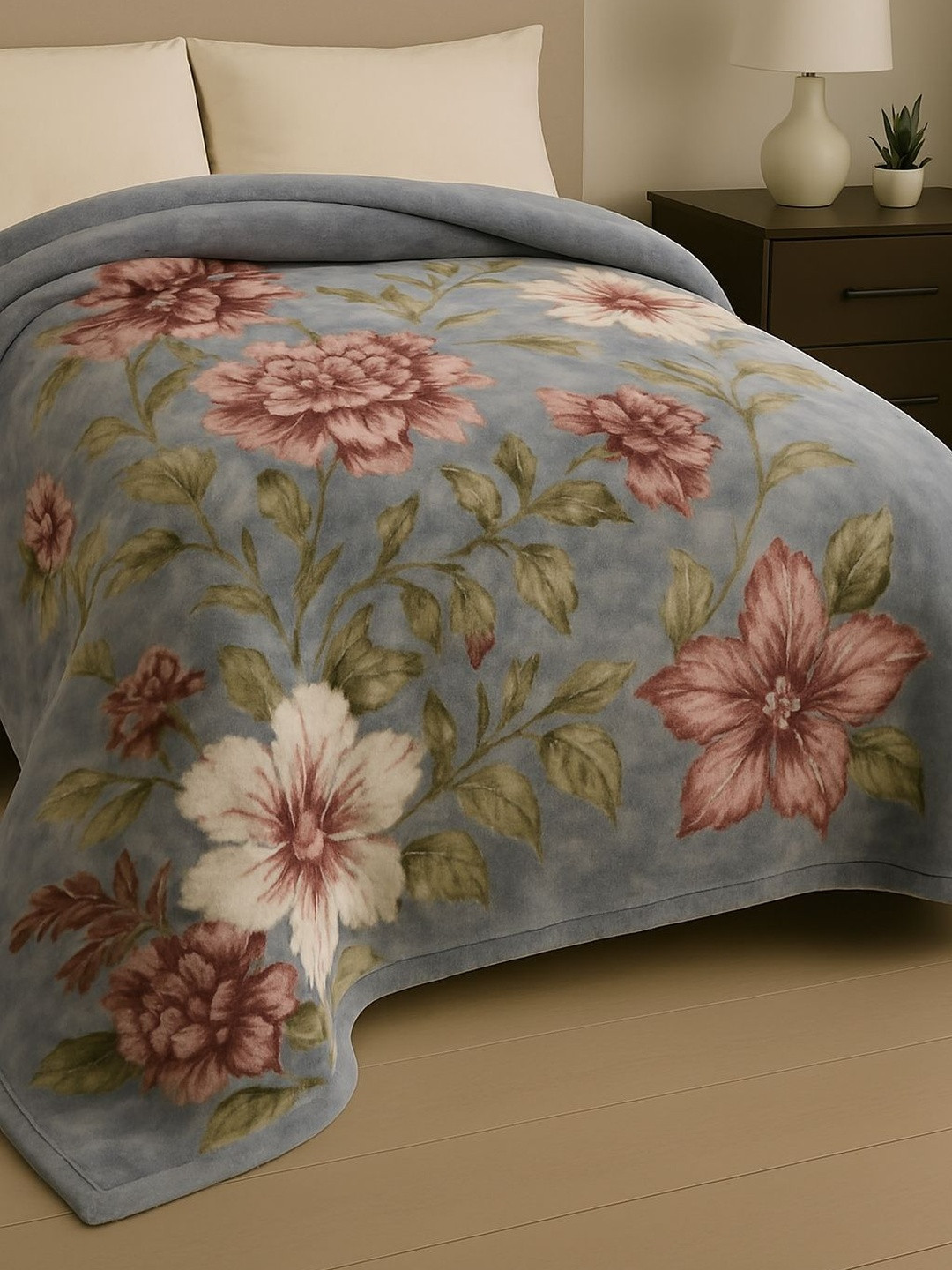 Signature Blue & Pink Floral Mild Winter 380 GSM Double Bed Blanket