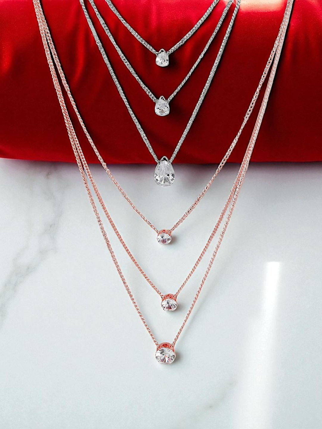 Kord Store Set of Silver-Toned & Rose Gold-Plated Layered Studded Necklaces
