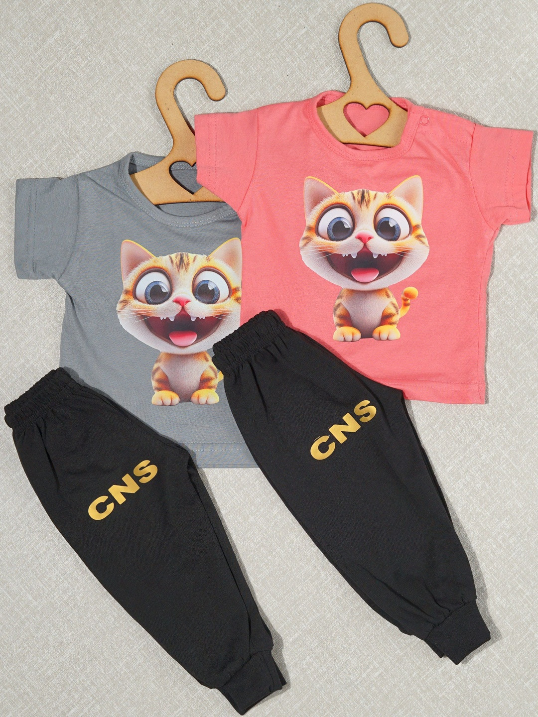 CRAZE N STITCH Boys Pack Of 2 Cat Printed T-shirt with Trousers Clothing Set