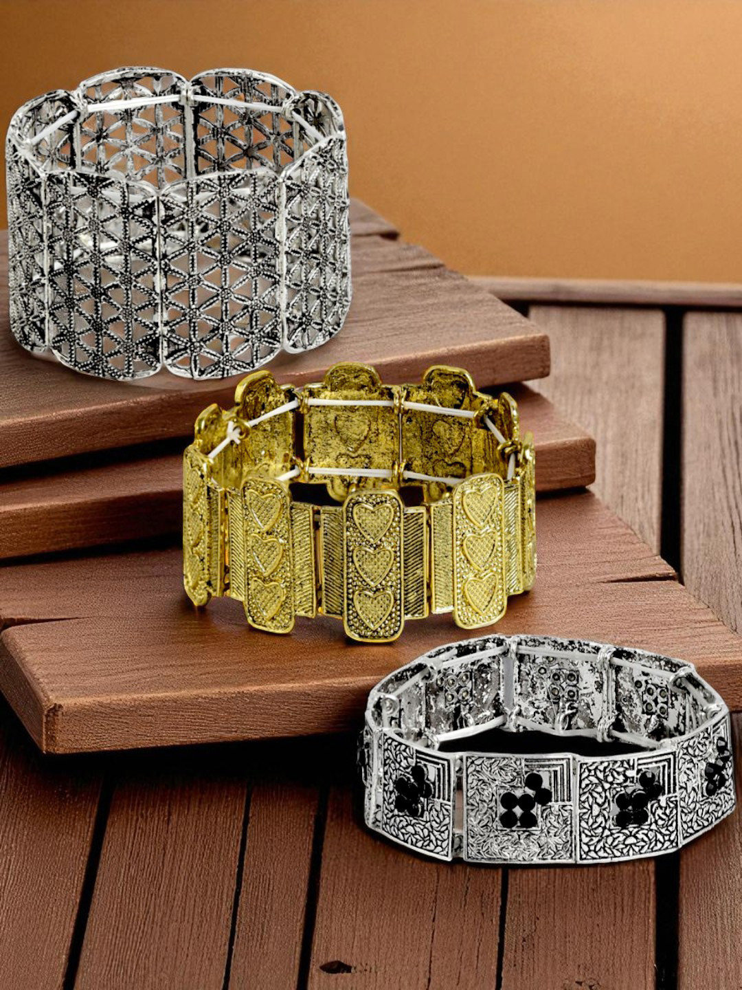 Kord Store Women Set of 3 Silver-Toned & Gold-Toned Oxidised Charm Bracelet