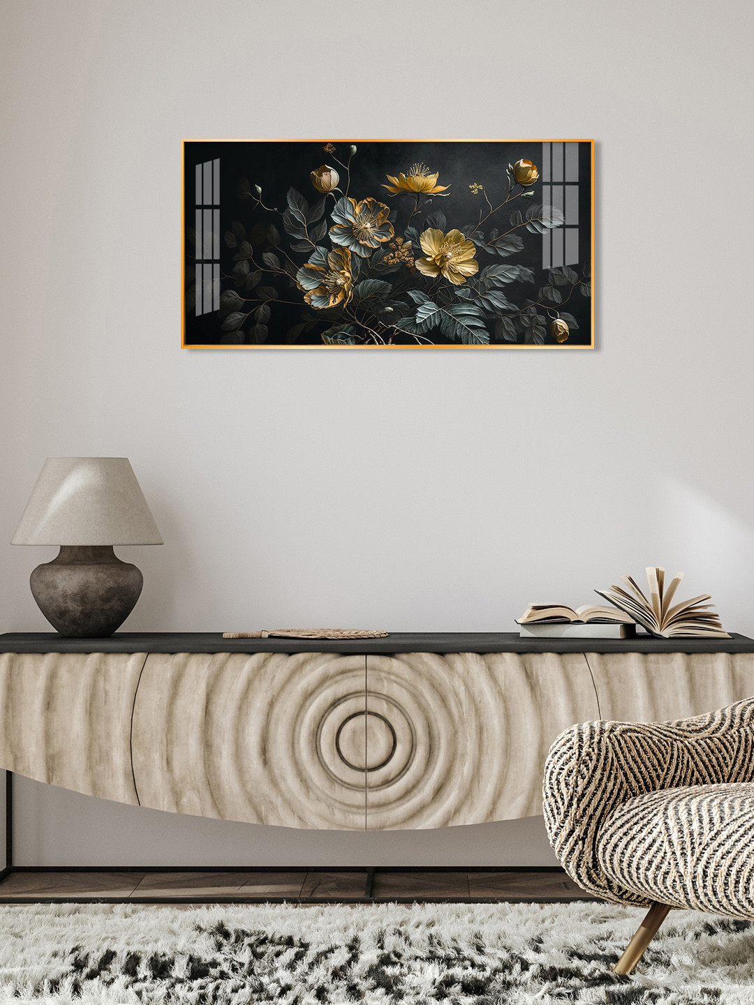 THE NEXT DECOR Black Flower Blooming Glass Finish Horizontal Wall Art