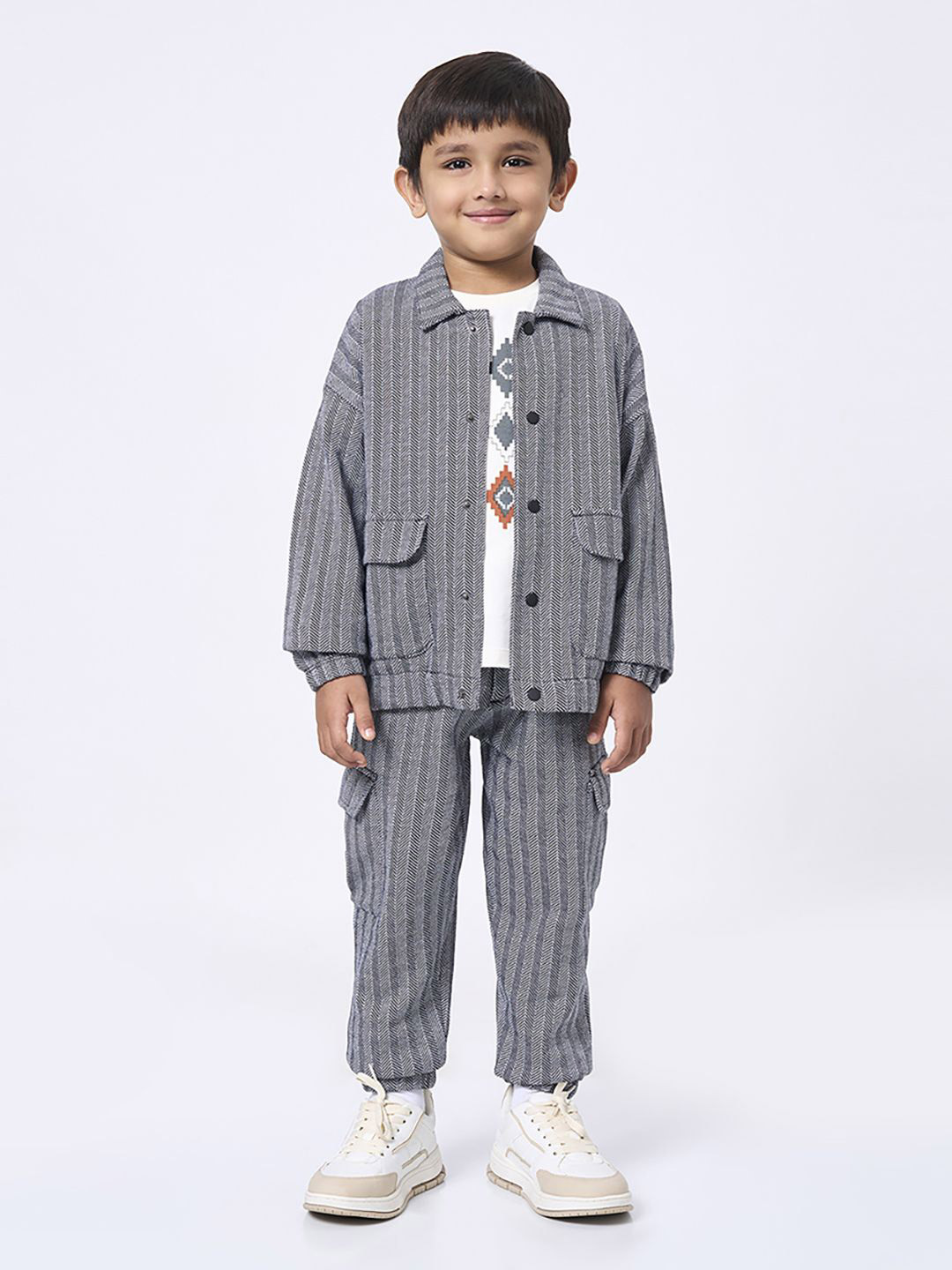 Ed-a-Mamma Boys White & Black Striped T-shirt and Shirt With Trousers