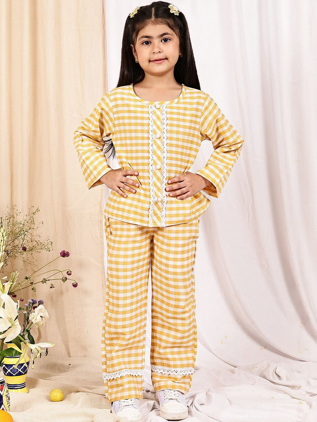 YK Girls Yellow And White Checked Top With Trouser