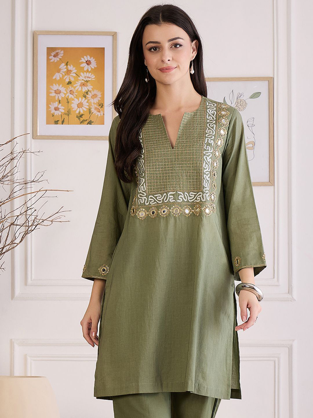 First Resort by Ramola Bachchan Women Floral Embroidered Round Neck Cotton Straight Kurta