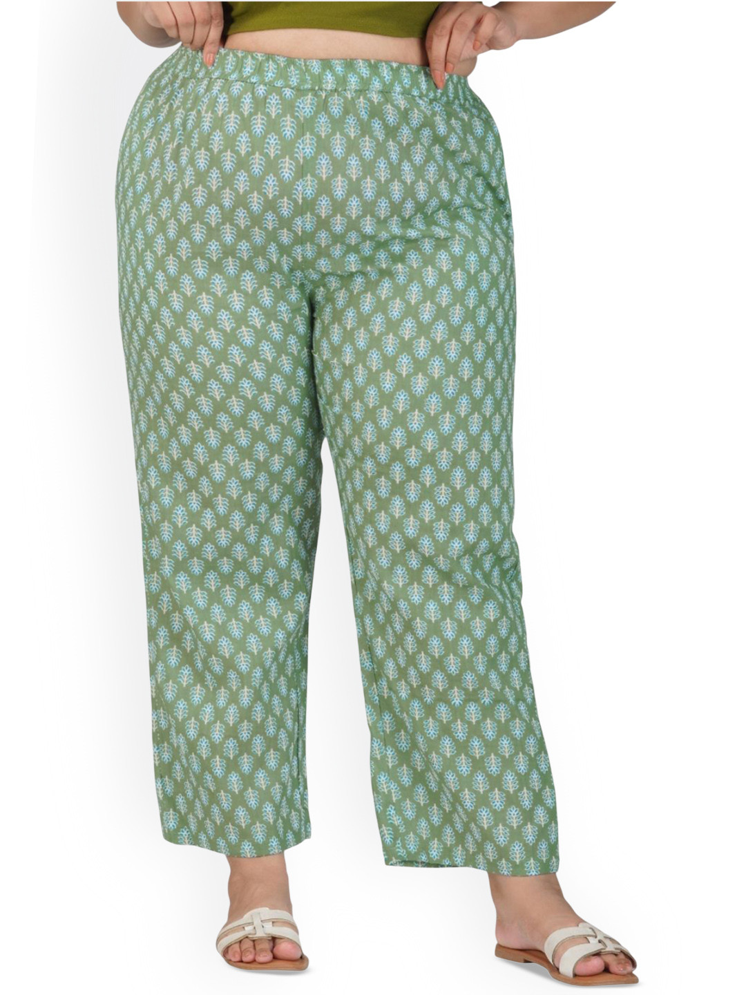 30 Looks Women Dark Sea Green Plus Size Cotton Printed Bottom