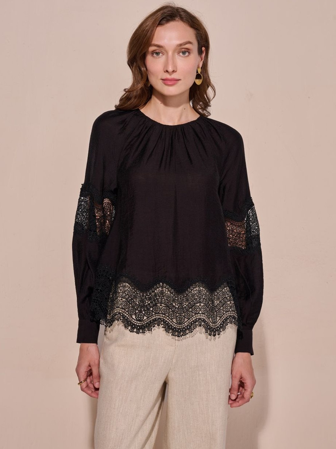 Style Island Women Round Neck Puff Sleeves Amber Lace Top