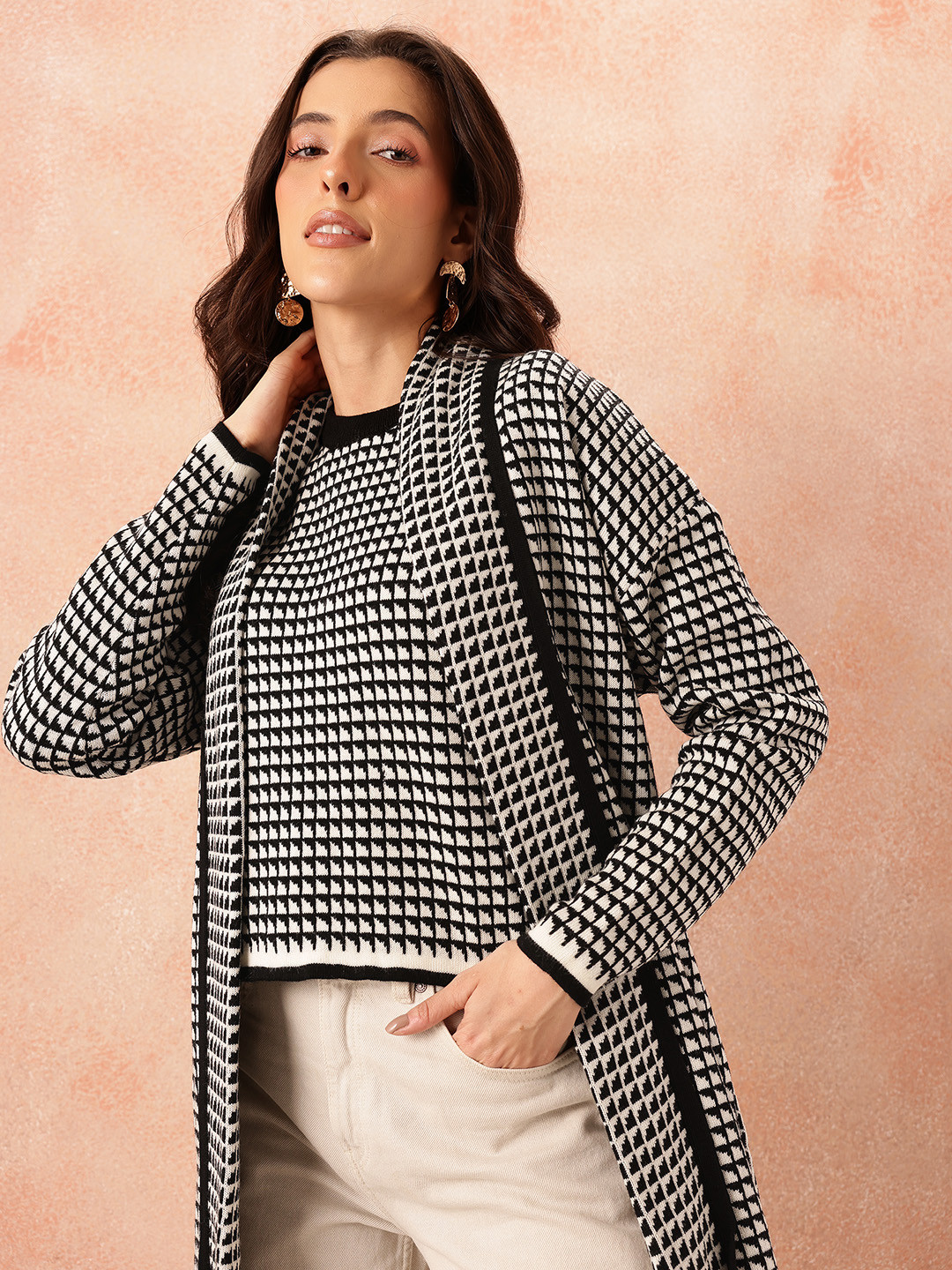 all about you Women Longline Front-Open Sweater with Vest & Belt