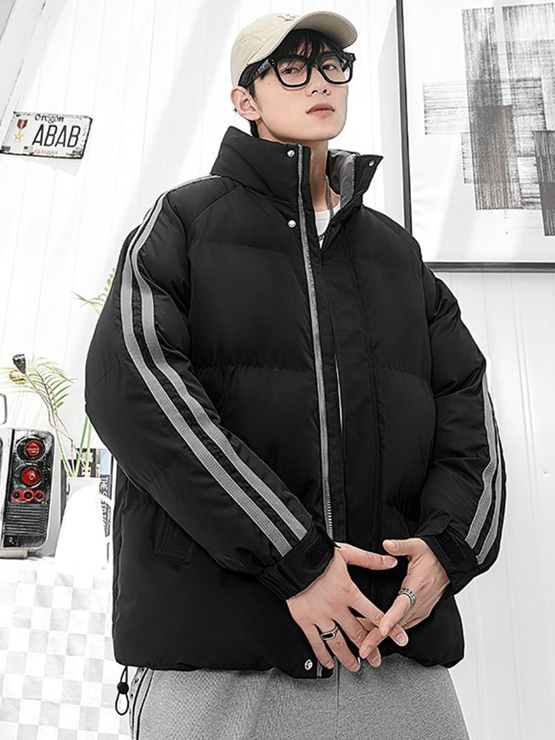 Men's Black Striped Insulator Padded Jacket