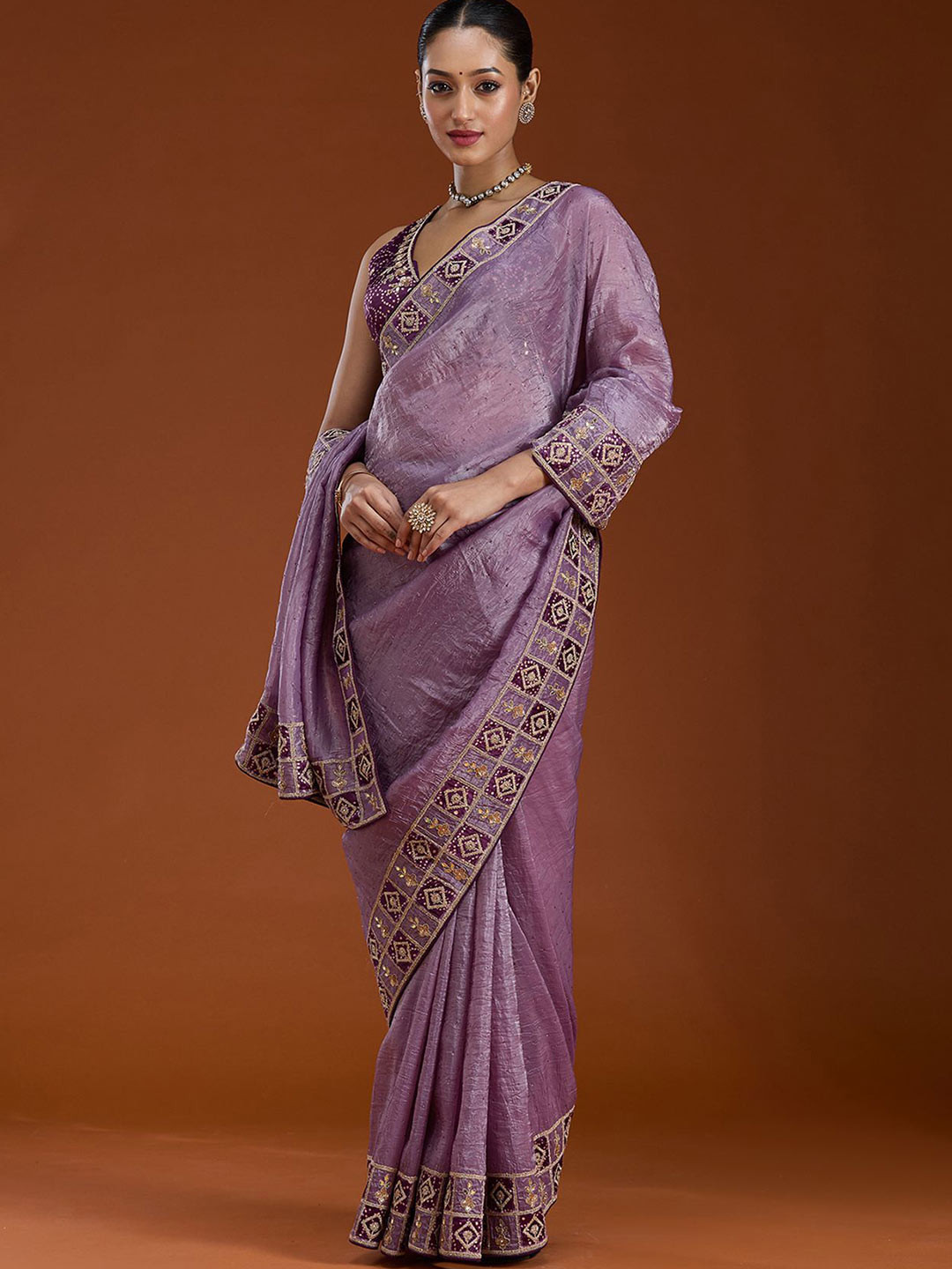 Koskii Light Lavender Gotapatti Tissue Saree