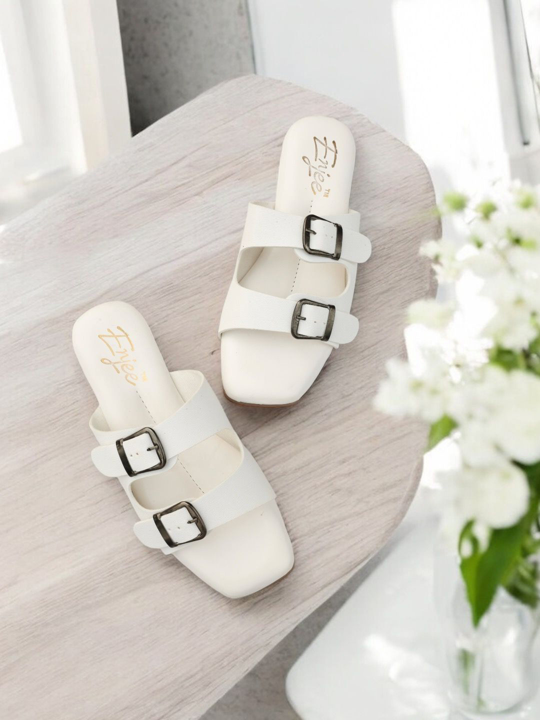 Enjee Women Double Buckle Open Toe Comfort Flats