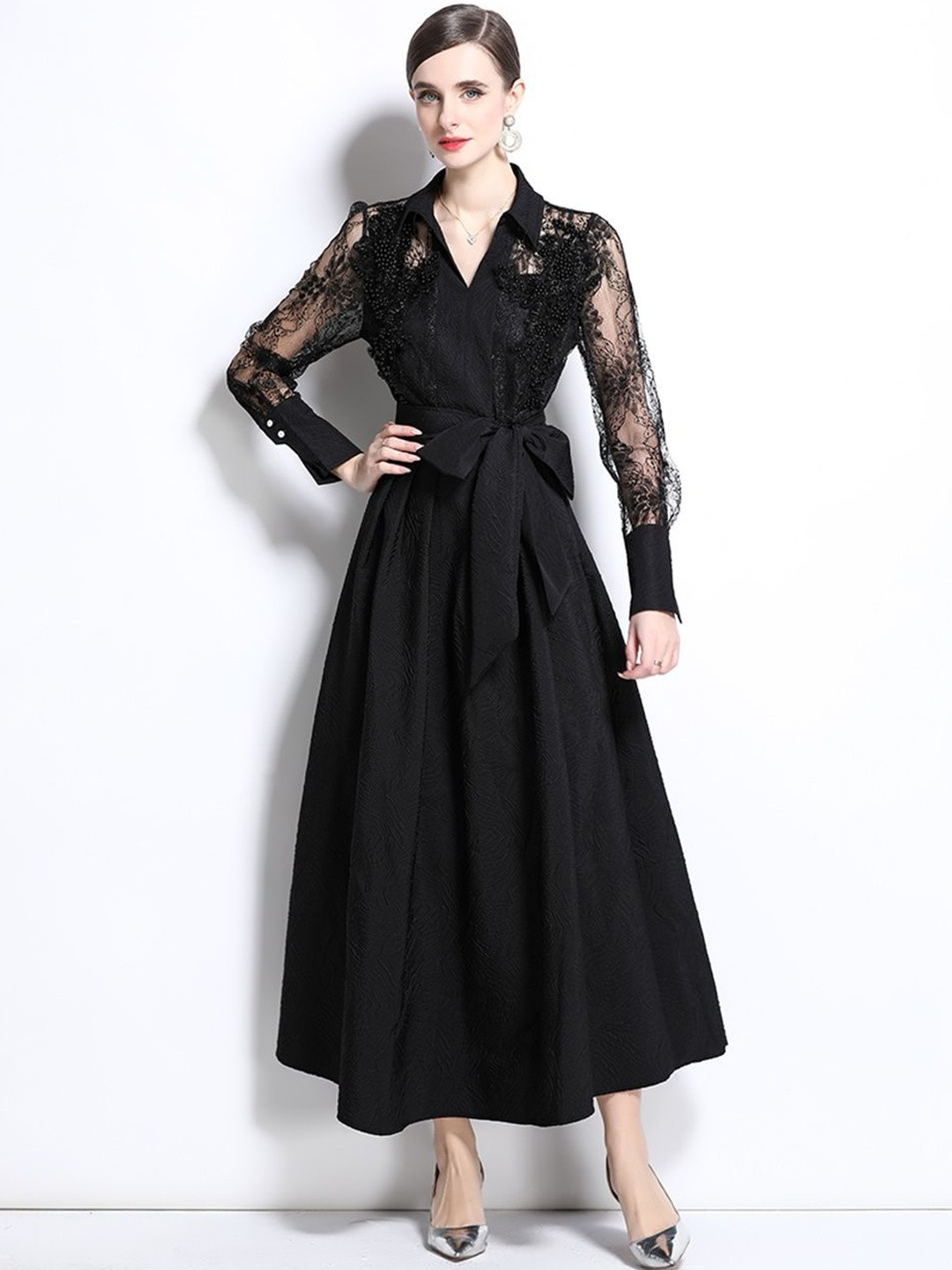 JC Collection Women Floral Embroidered Lace Frills Tie-Ups Long Sleeves A-Line Midi Dress