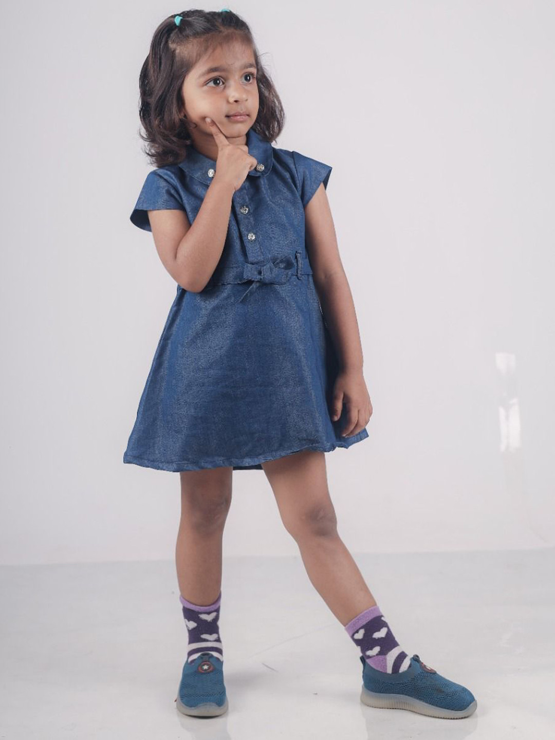 TENNECY Girls Shirt Collar Cotton Denim A-Line Dress
