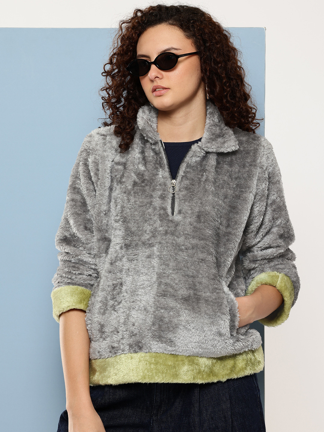 Aarika Shirt Collar Faux Fur Trim Half Zipper Woollen Pullover