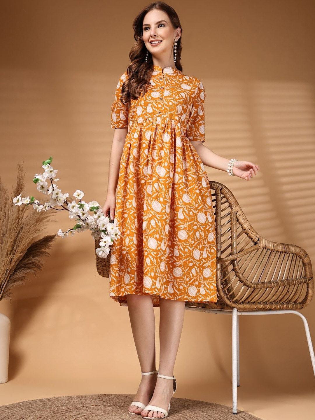 HERE&NOW Women Orange Floral Printed Floral Anarkali Kurta
