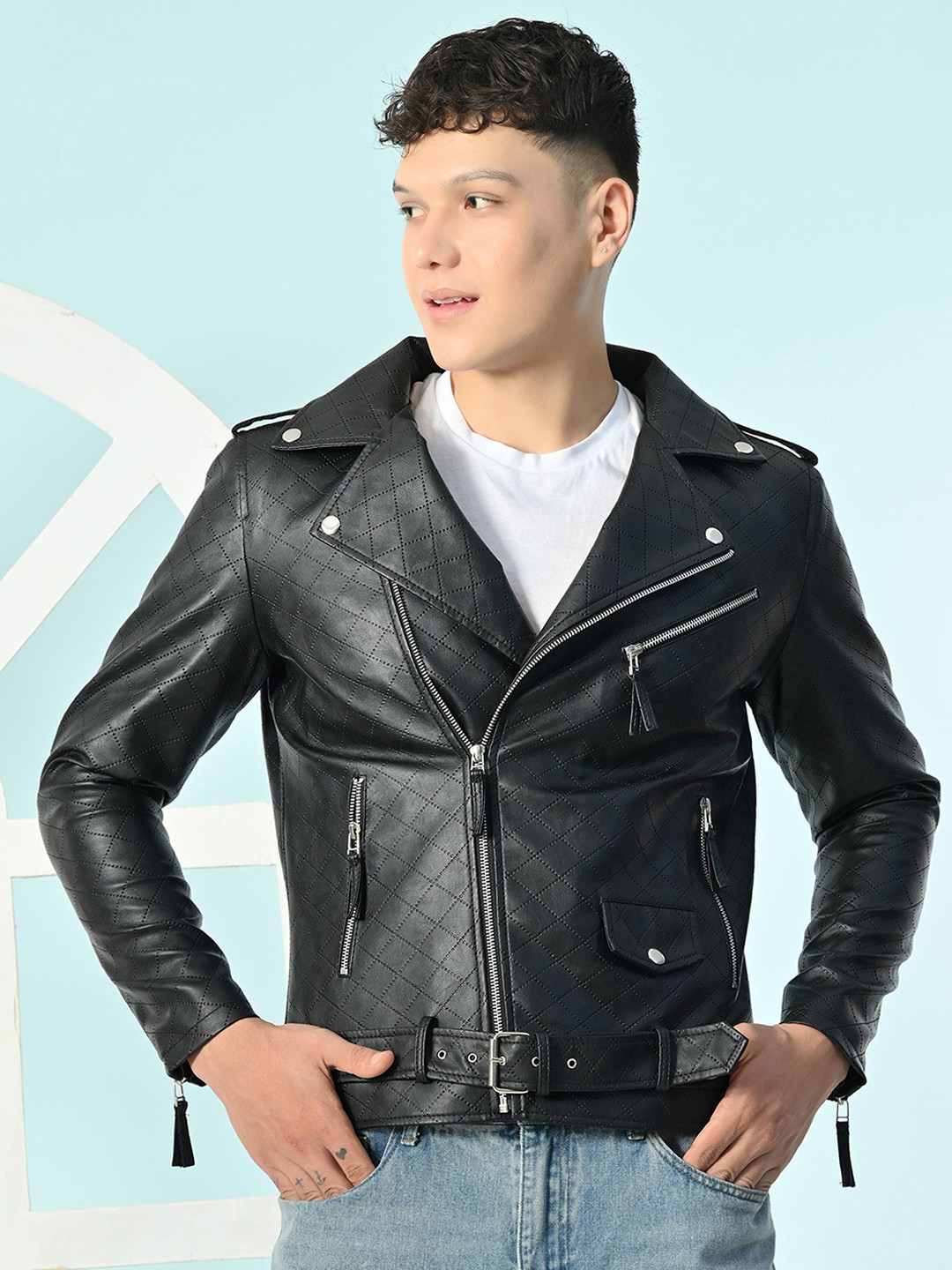 TBOJ Men Lapel Collar Self Design Water Resistant Biker Jacket