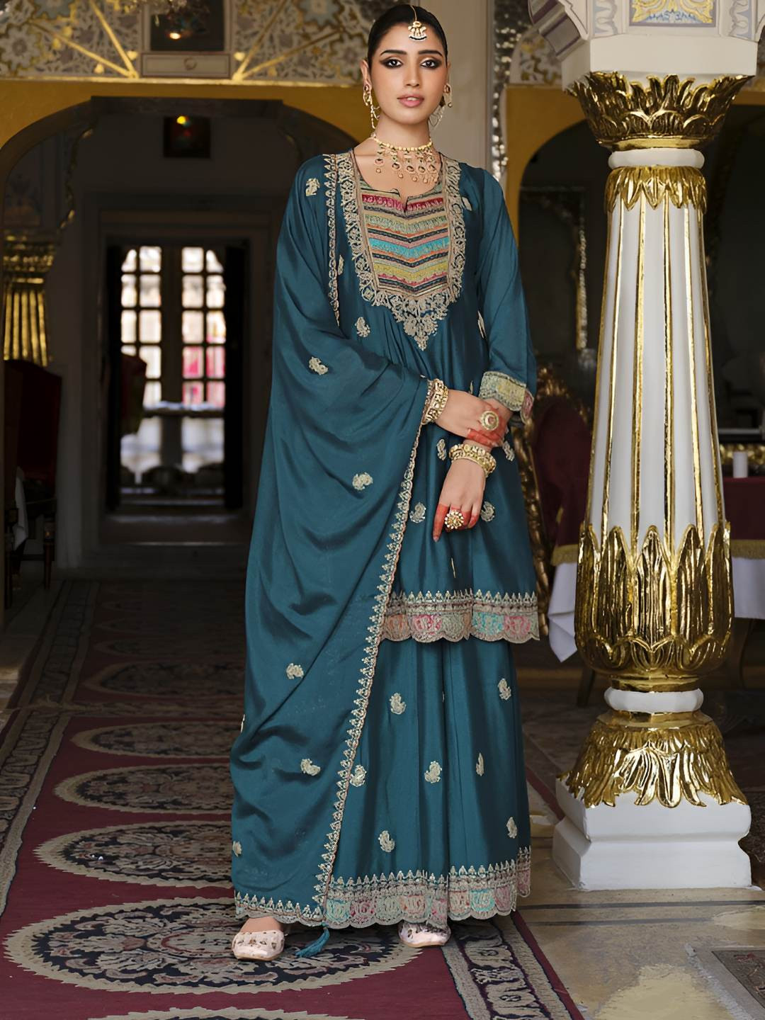 AUTUMN LANE Kasumal Ethnic Motifs Embroidered Chinon Kurta With Sharara & Dupatta