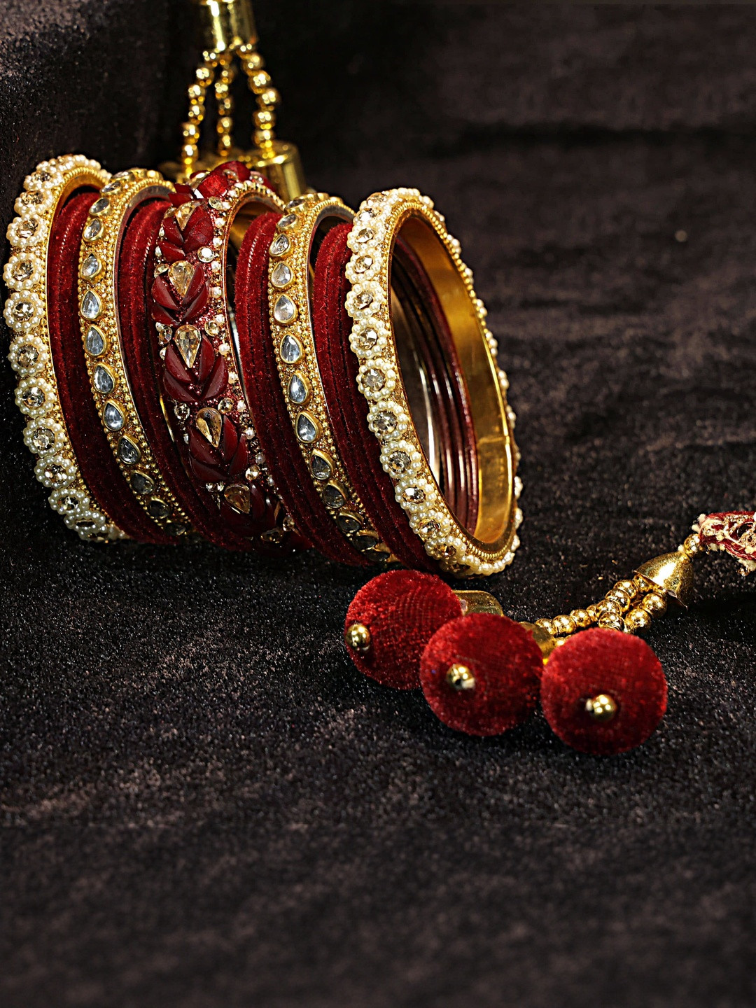 RIJOLI Zircon Pearl & Kundan Studded Golden White & Red Velvet Bangle Set