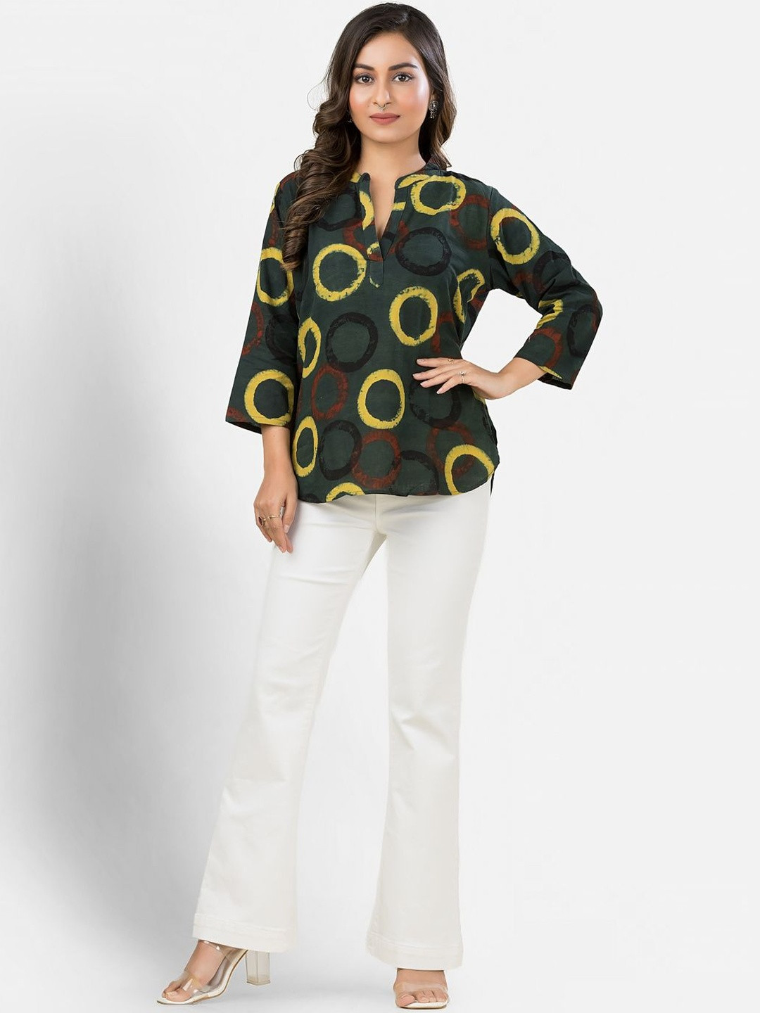 Crazy Needle Geometric Printed V-Neck Cotton Top