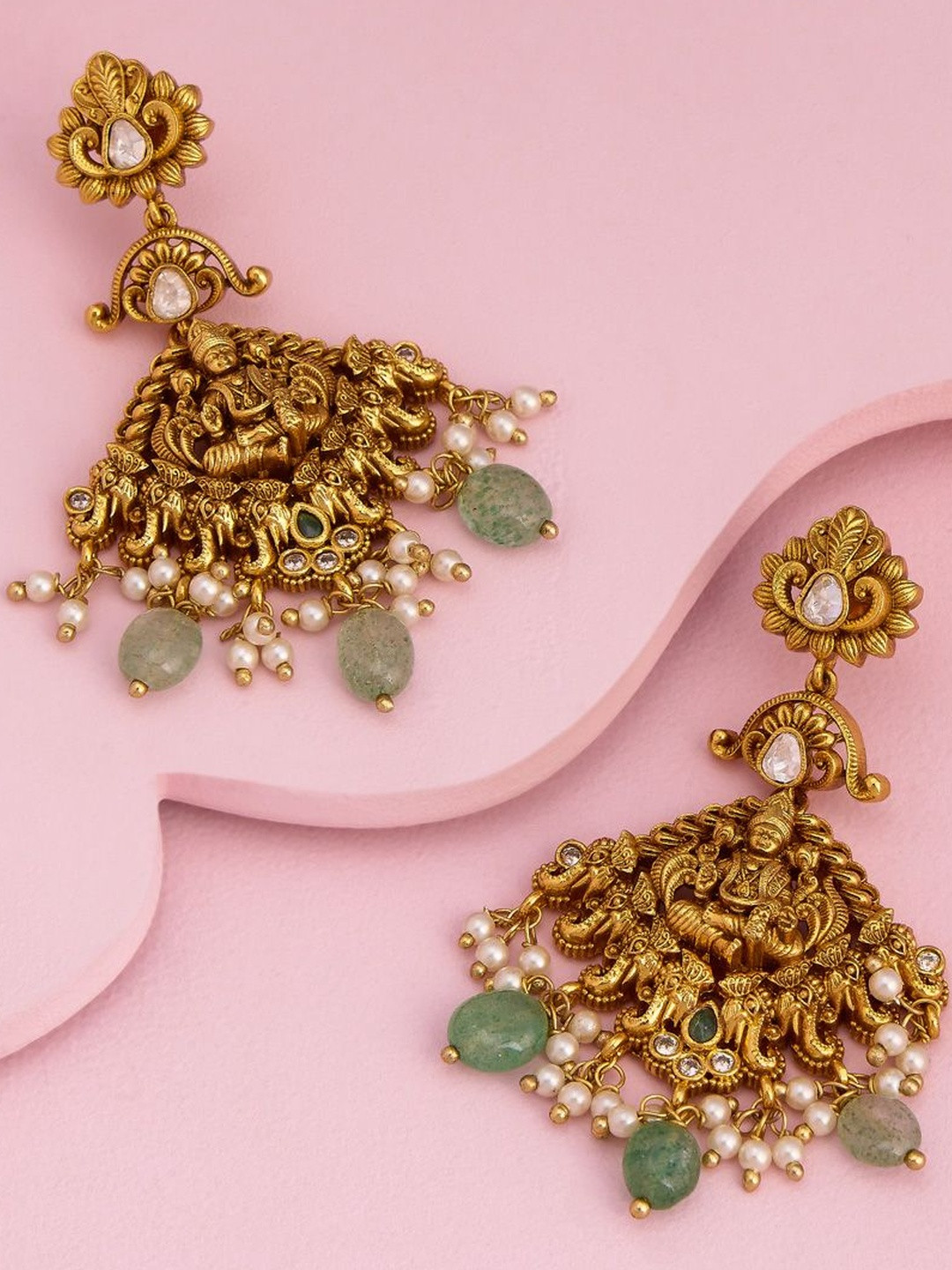 Kushal's Fashion Jewellery Gold-Plated Classic Stone Studded & Beaded Antique DropEarrings
