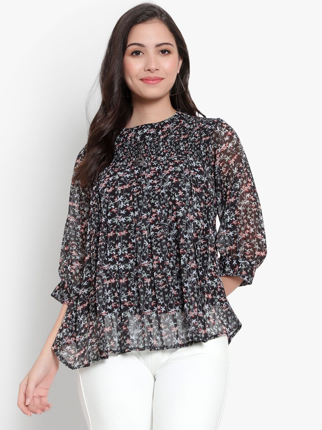 HERE&NOW Women Black High Neck Casual Floral Georgette Tops