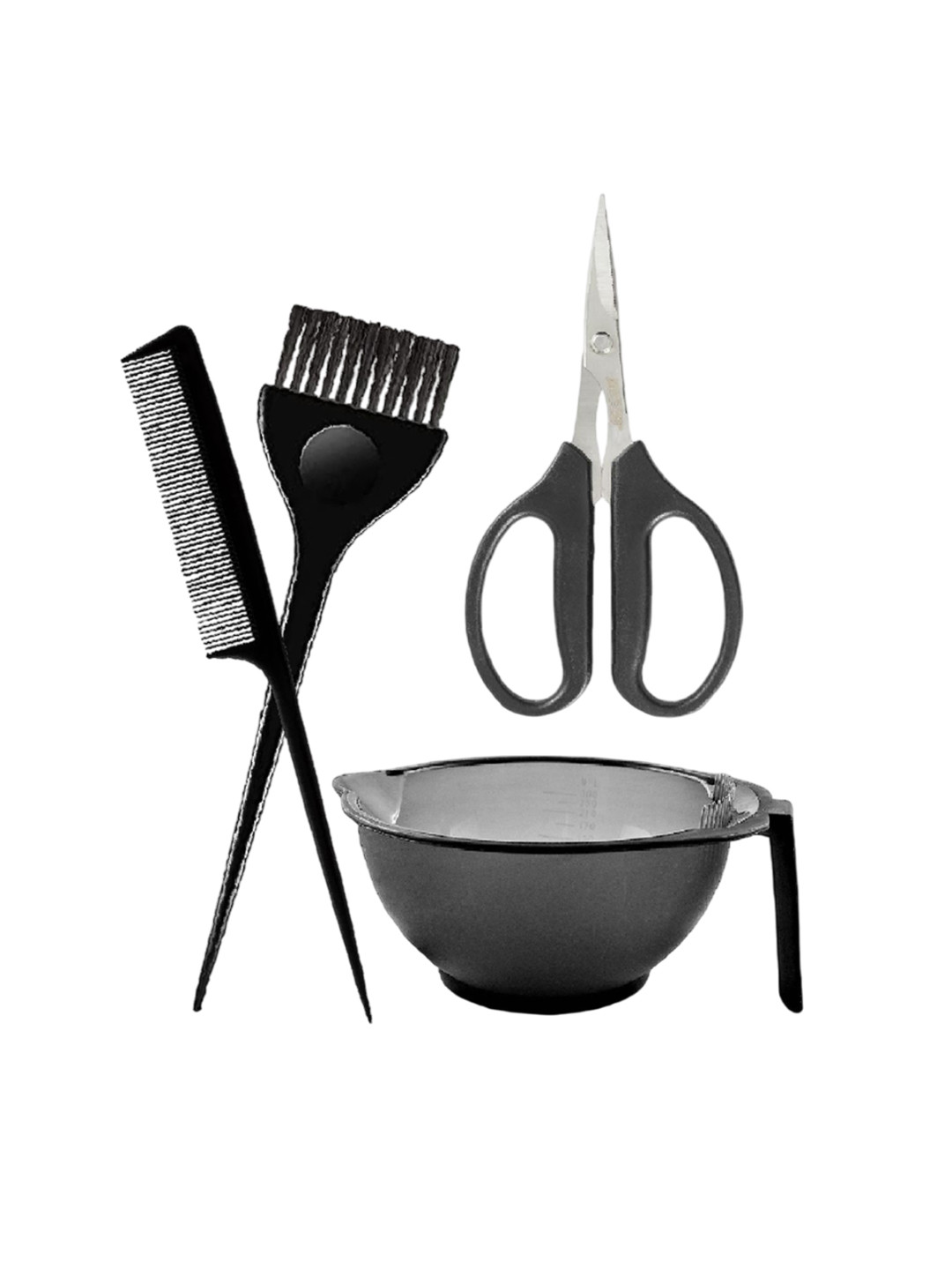 Adbeni Set Of 4 Dye Brush, Mixing Bowl, Tail Comb & Scissors - Black