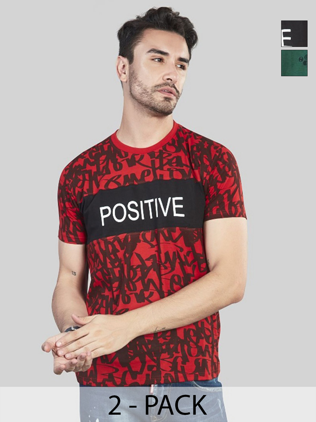 BE POSITIVE Pack Of 2 Typography Printed Short Sleeves Slim Fit T-shirt