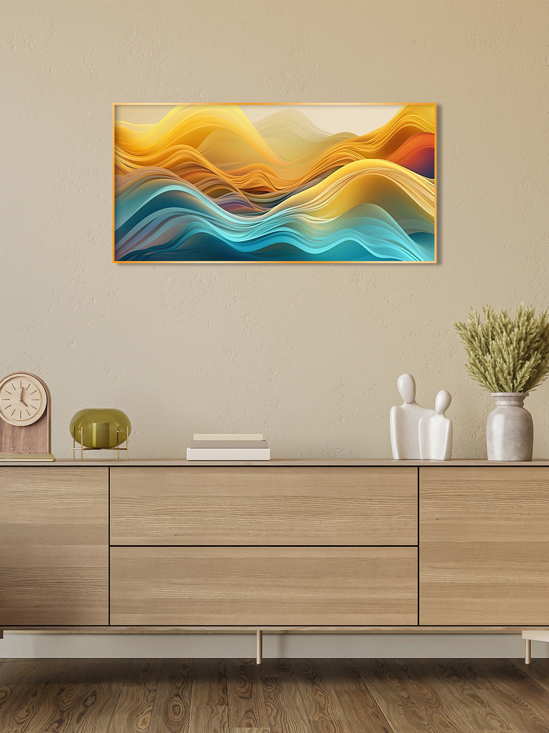 THE NEXT DECOR Yellow & Blue Waves Elegance Glass Finish Horizontal Wall Art