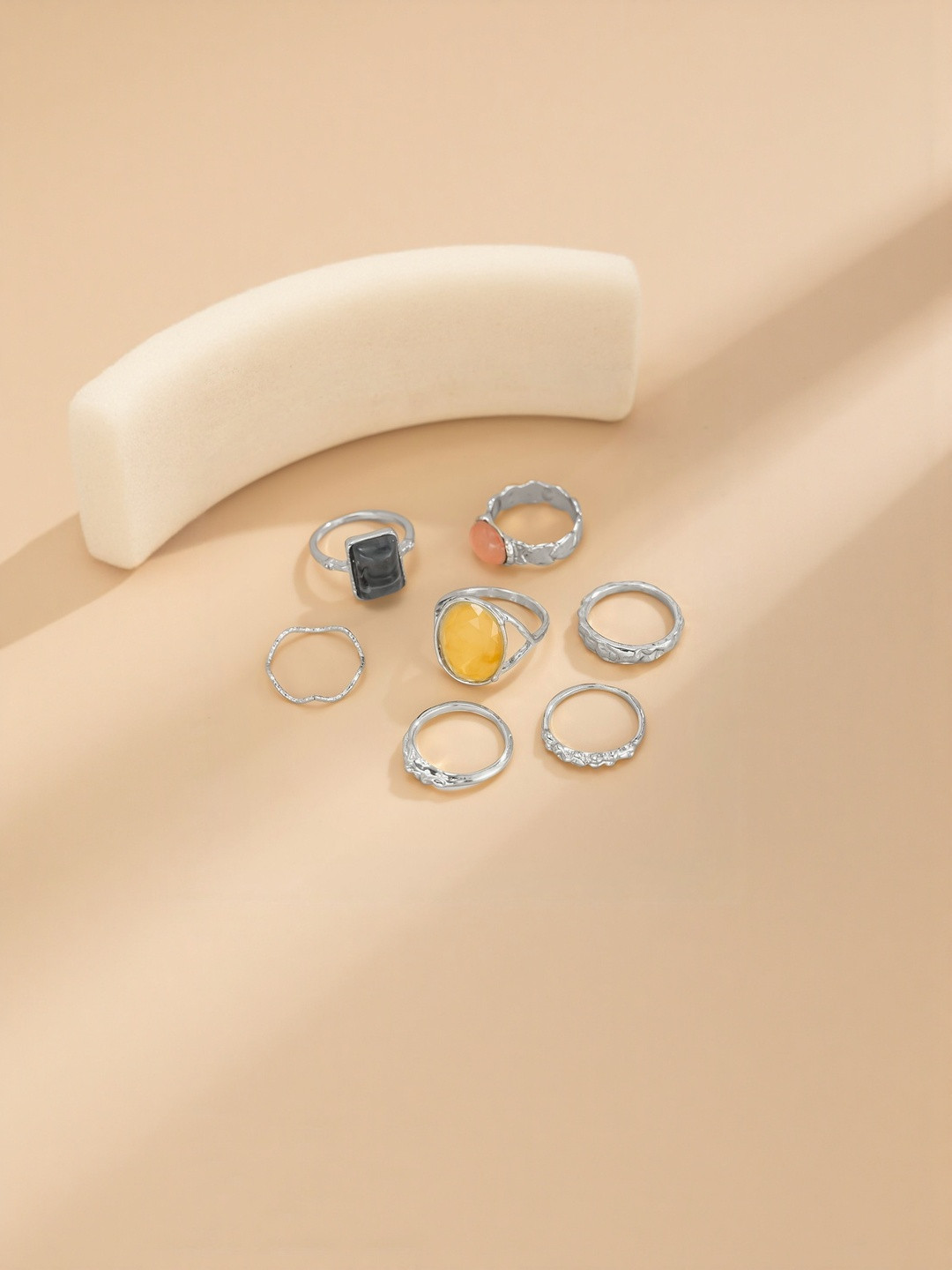 StyleCast x Revolte Women Set Of 7 Silver-Plated Stone Studded Finger Rings