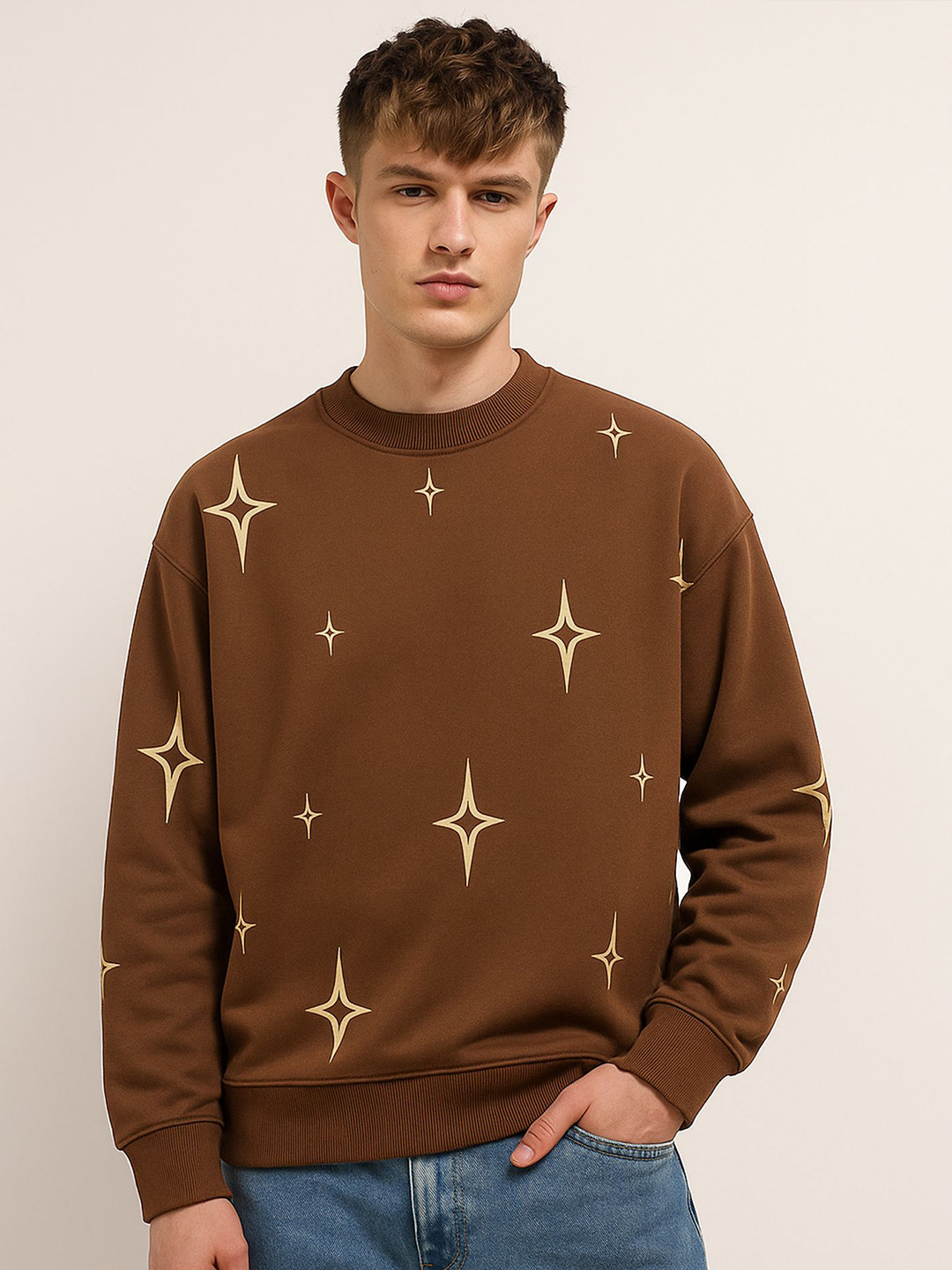 Maniac Men Geometric Star Printed Round Neck Long Sleeves Cotton Pullover Sweatshirt