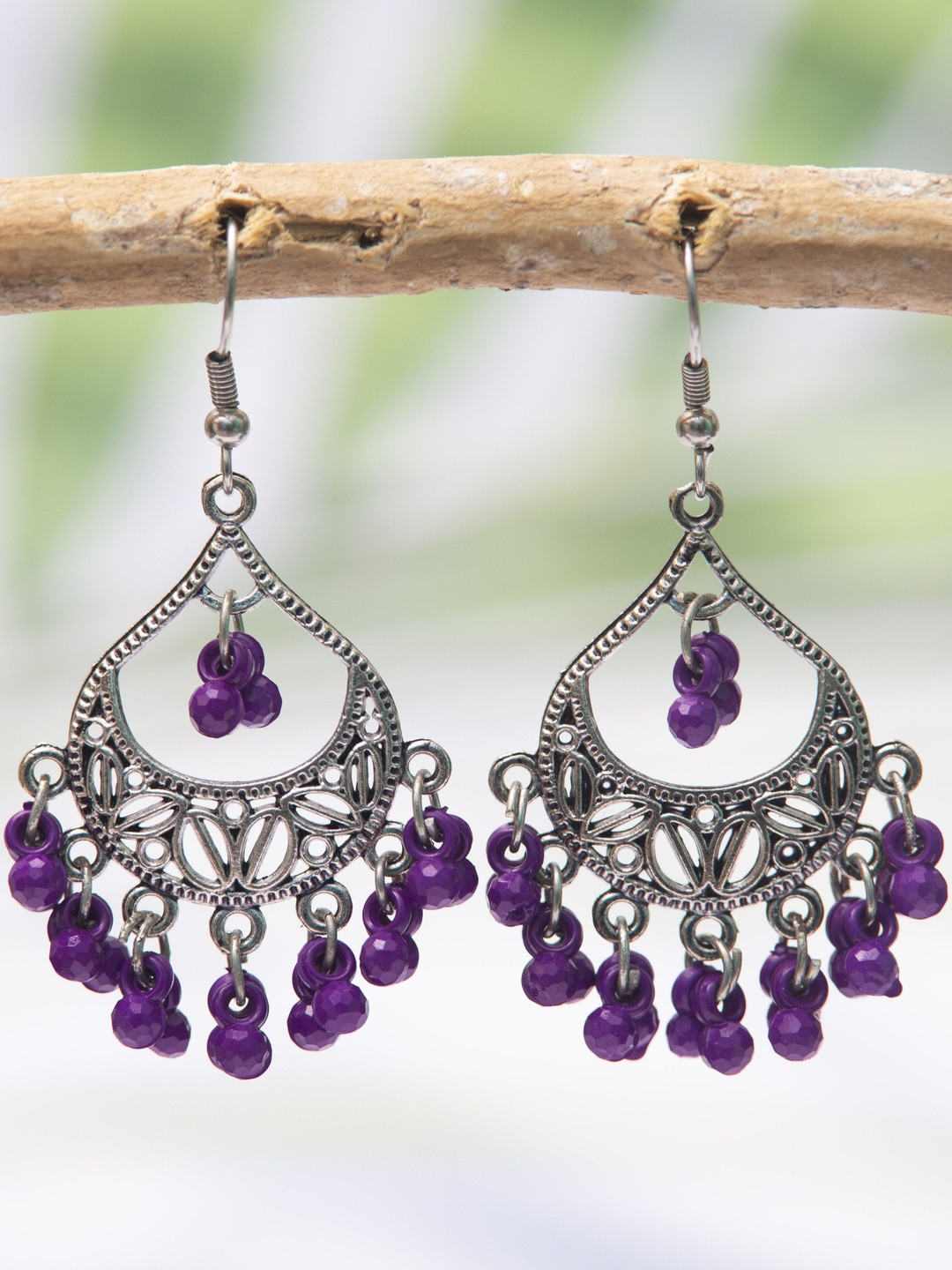 Creative Frogs Oxidized Silver-Plated Chandbali Earrings with Purple Beads