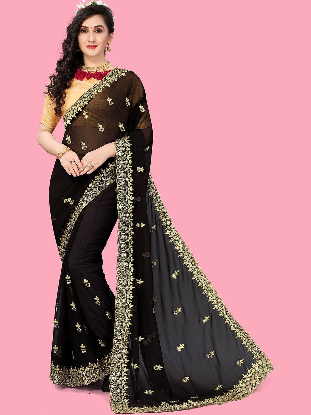 Prettyage Black Poly Georgette Embroidered Banarasi Sarees