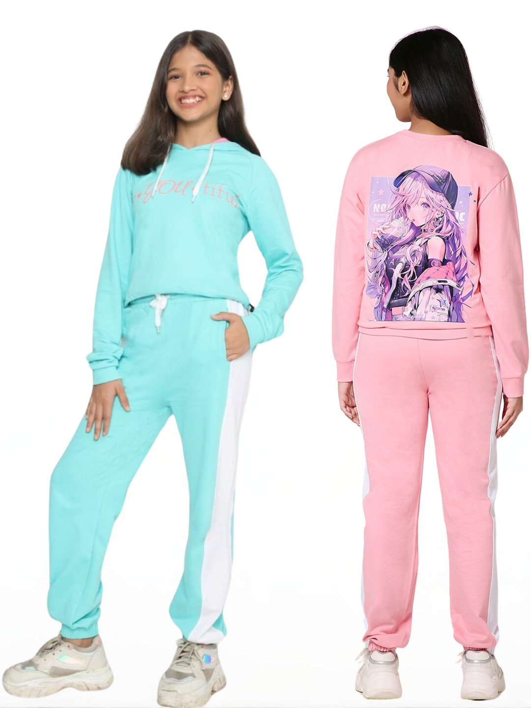 TotzTouch Girls Pack Of 2 Blue & Pink Printed Hooded Sweatshirt and Joggers Clothing Set