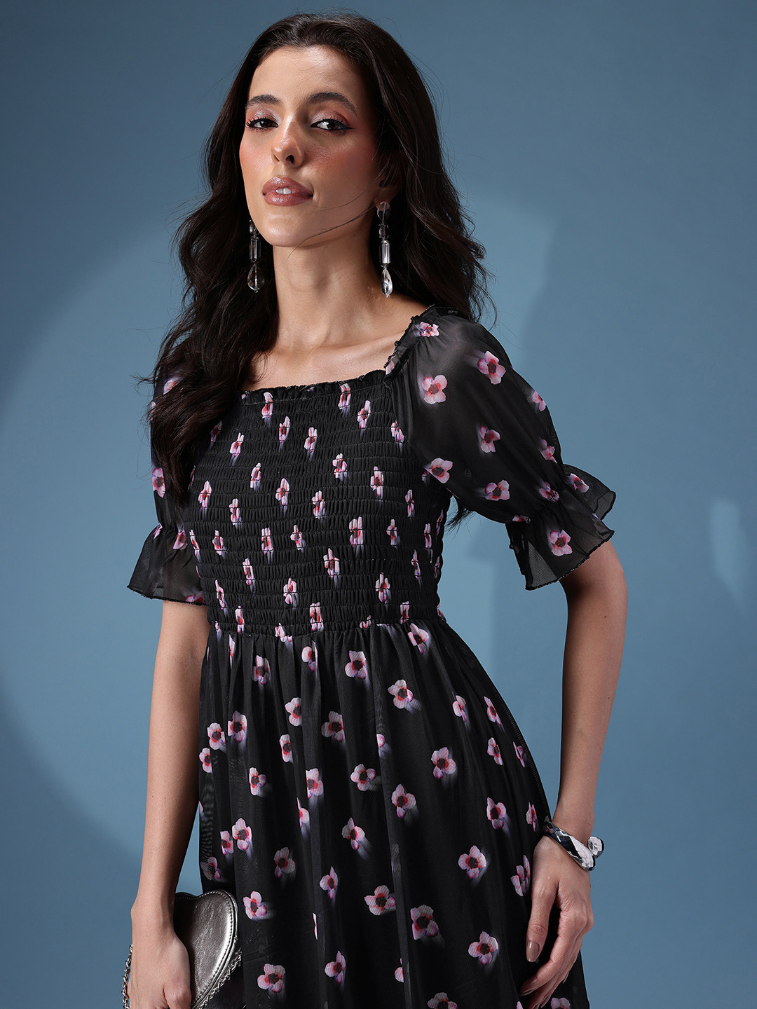 bebe Floral Print Smocked Effect Puff Sleeves Net A-Line Dress