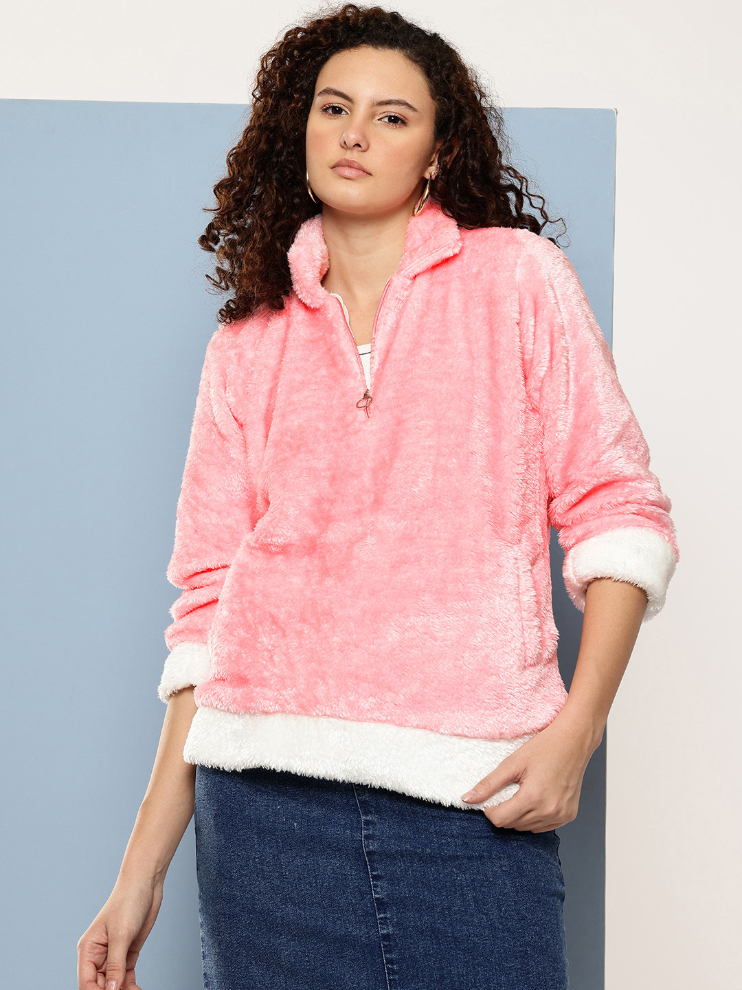 Aarika Shirt Collar Faux Fur Trim Half Zipper Woollen Pullover