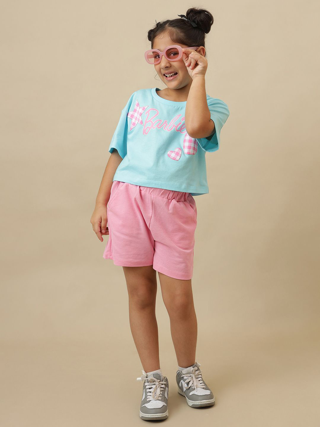 Kids Ville Girls Barbie Solid Round Neck Pure Cotton Boxy T-shirt