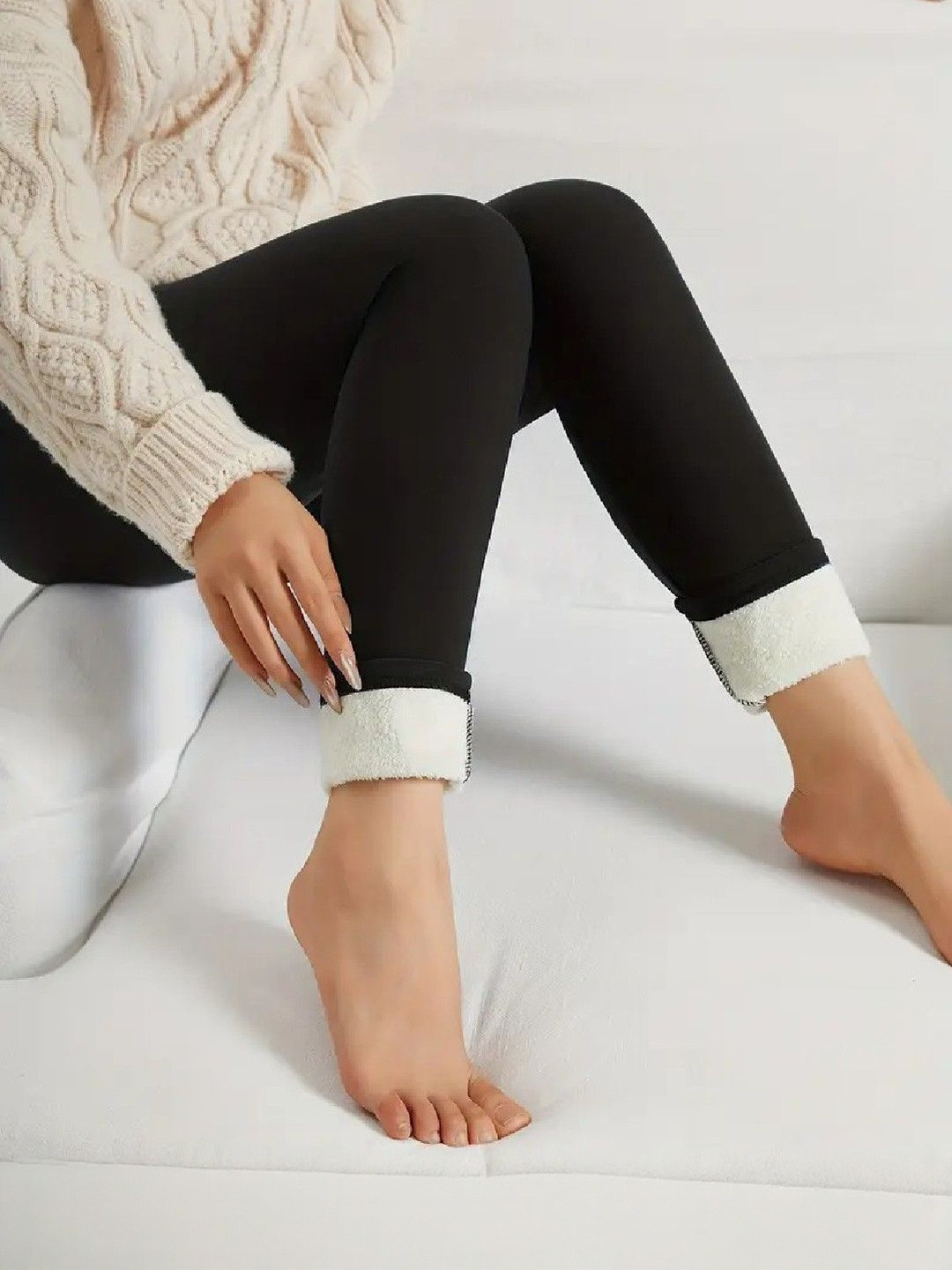 Tomkot Fleece Women Black Solid Warm Thick Fur Lined Fleece Winter Thermal