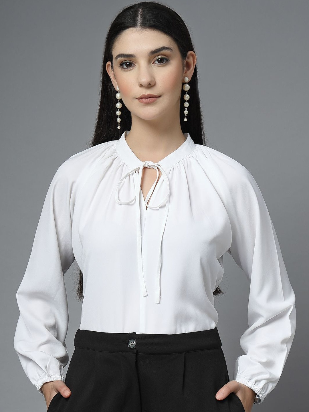 Style Quotient Women's Tie-Up Neck Plated Formal Top