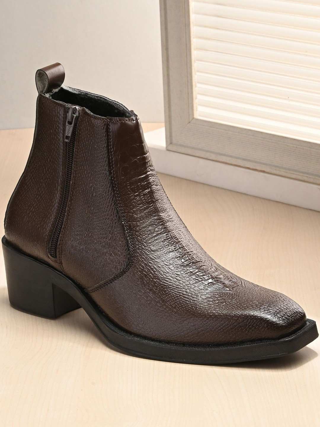 Roadster Men Brown Block Heel Ankle Boots with Zipper Closure