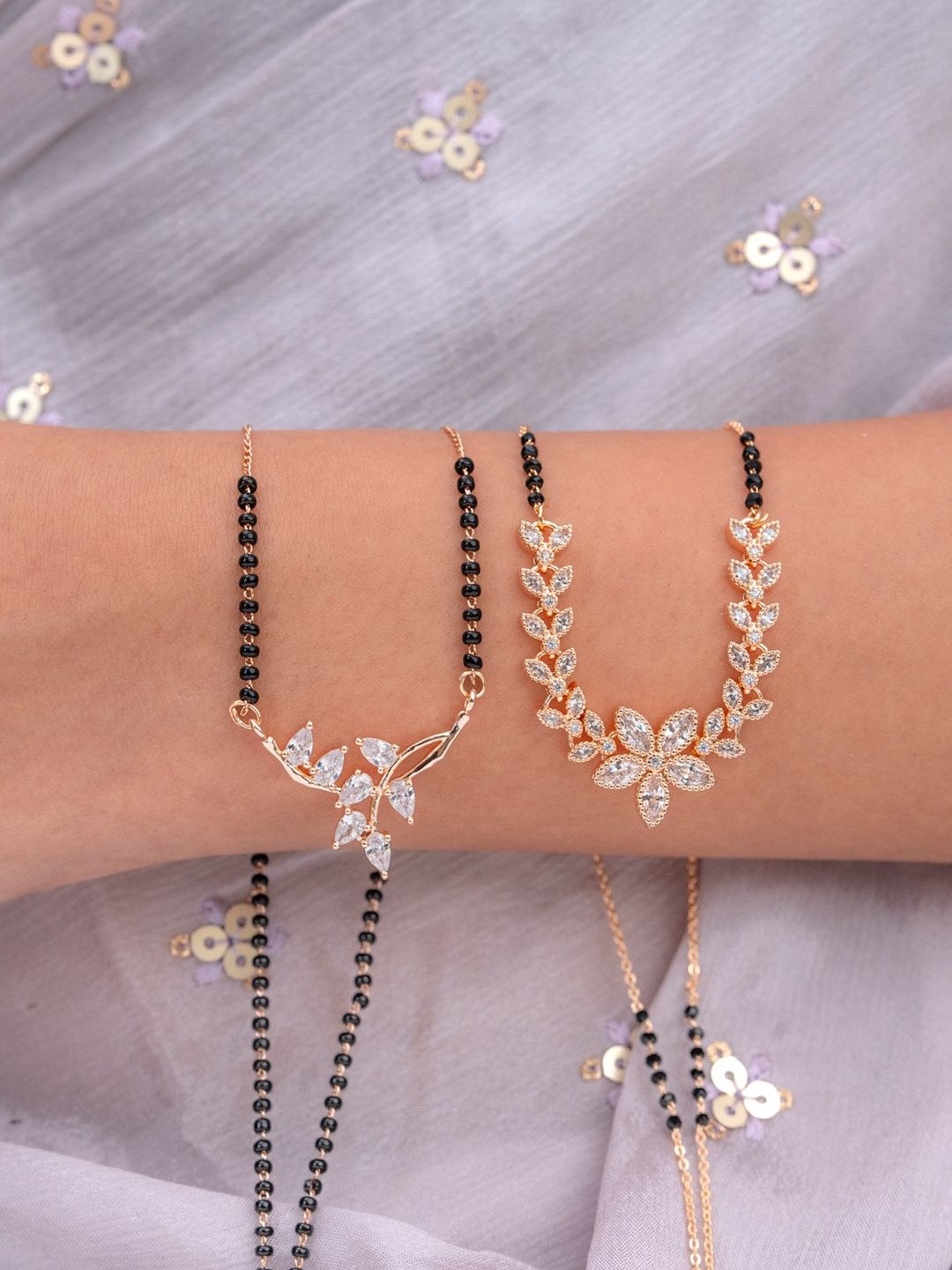 Zeraki Jewels Set Of 2 Gold-Plated Artificial Stones Studded & Beaded Mangalsutra