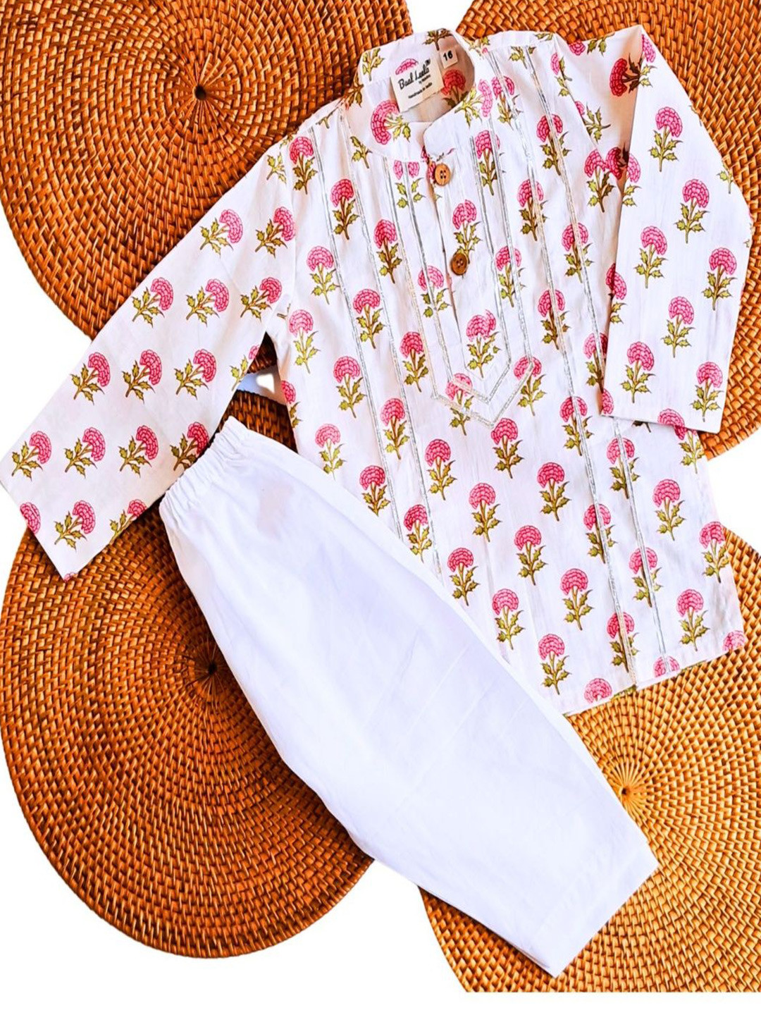 Baal Leela Gulnaar Kids Floral Printed Mandarin Collar Pure Cotton Kurta With Trouser