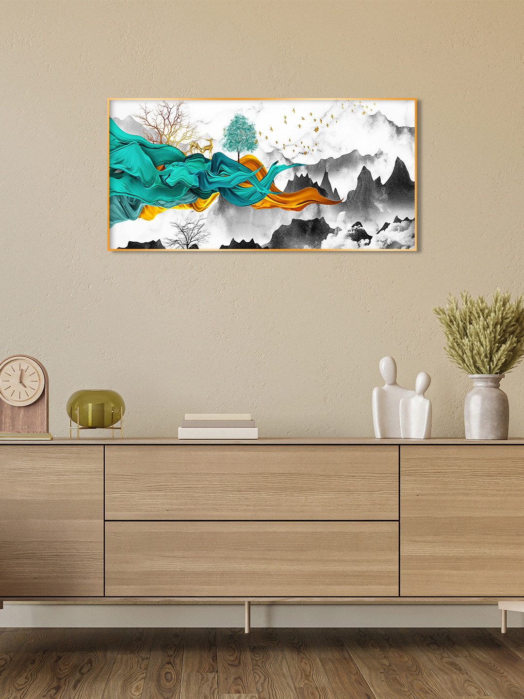 THE NEXT DECOR White & Green Geometric Abstract Art With Texture Painted Wall Art