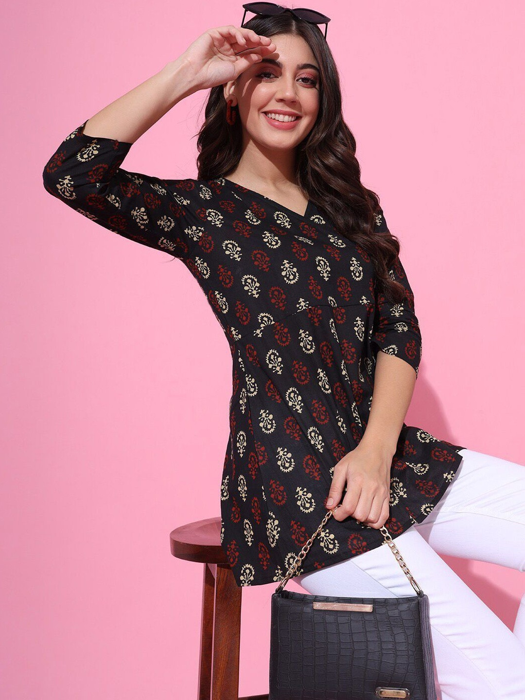 Sangria Women Cotton V-Neck Printed Wrap Tops