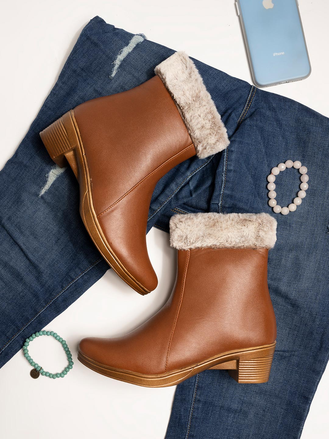 Stylestry Women Faux Fur Trim Block-Heeled Winter Boots