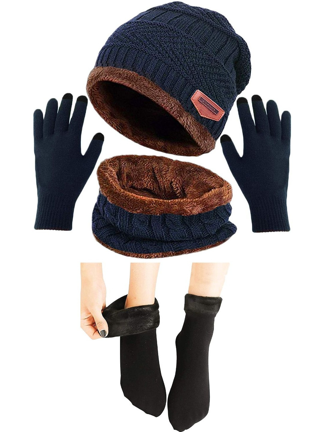 Aadikart Unisex Self Design Woollen Beanie With Touch Gloves and Socks Blue