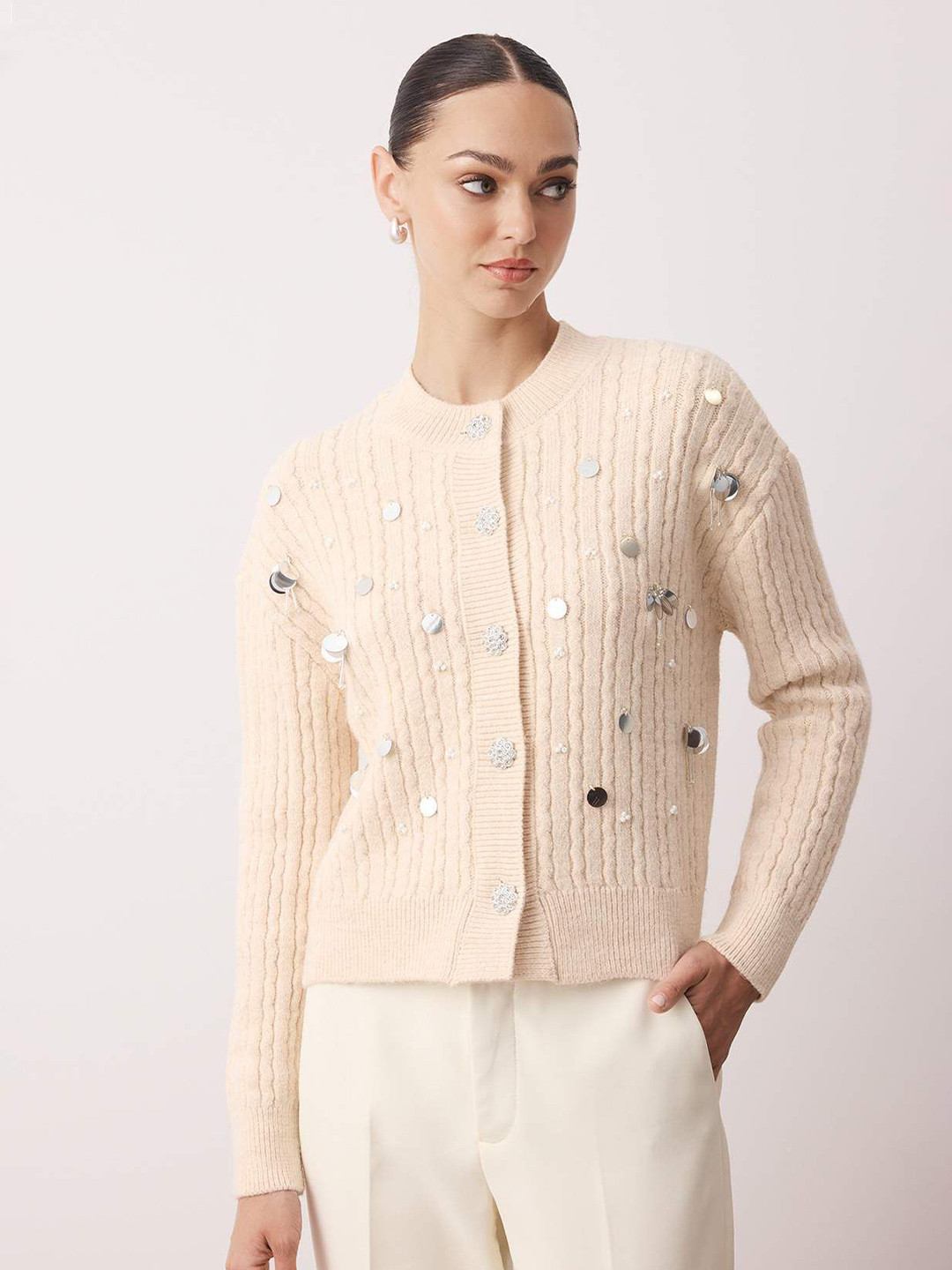 Trendyol Women Striped Cable Knit Round Neck Applique Cardigan