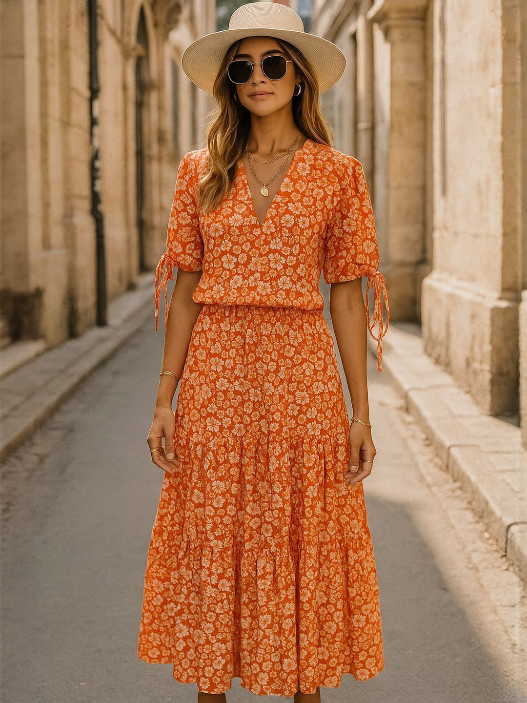 LAESTILOSO PRIVATE LIMITED Women Floral printed Gathered or Pleated Fit & Flare Midi Dress